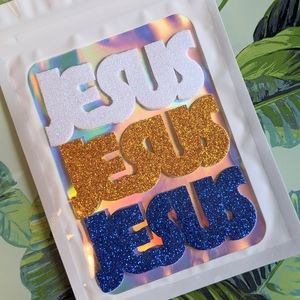 Handmade JESUS Sticker Set of 3 White, Gold, & Blue